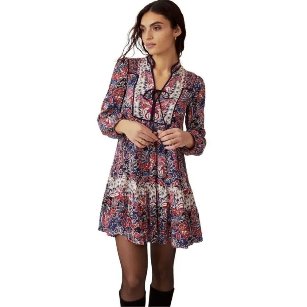Anthropologie Spliced Tunic Dress Long Sleeve Boho Floral Print Mini Multi L